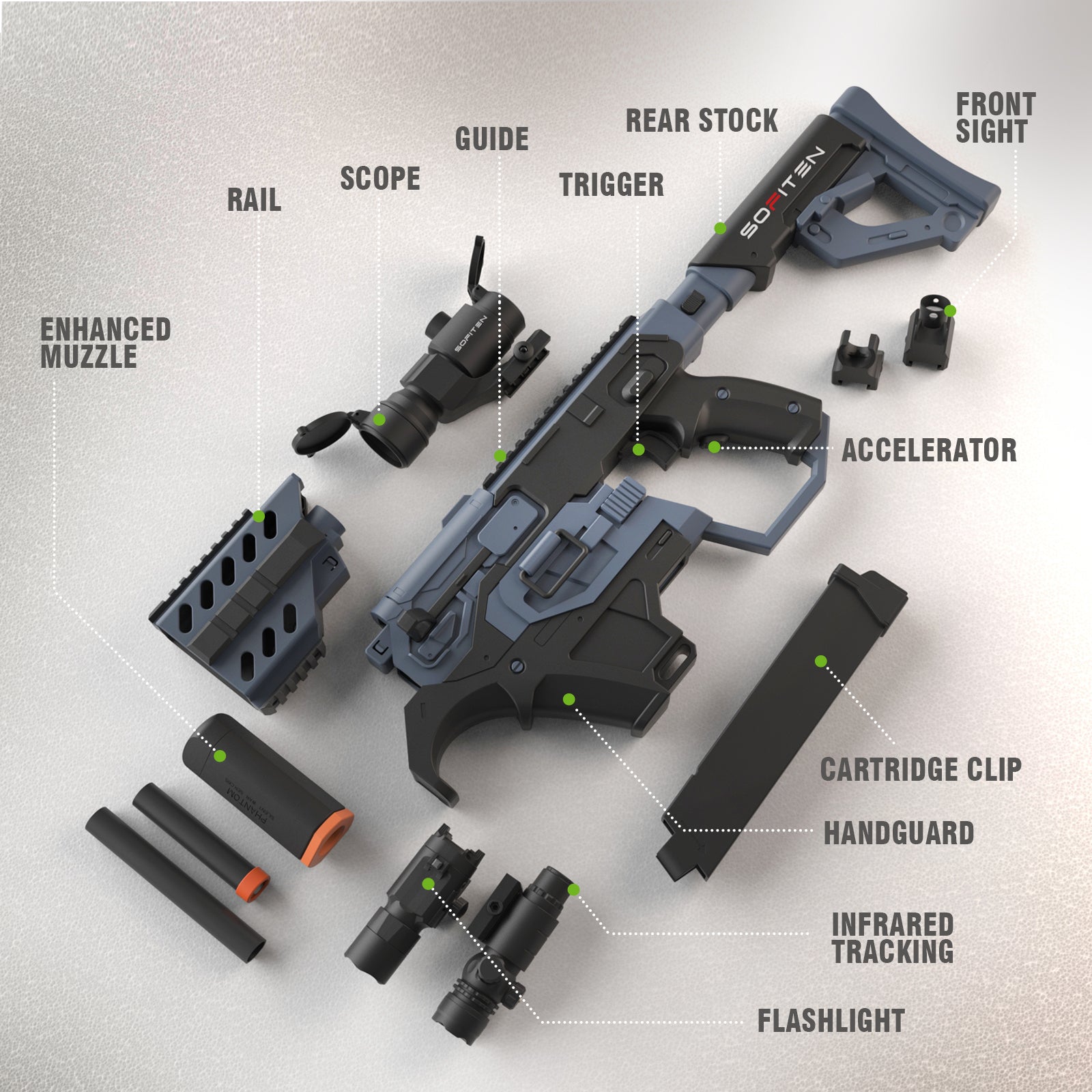 SOFITEN Toy Gun Rifle - 120 Darts, IR and Flashlight