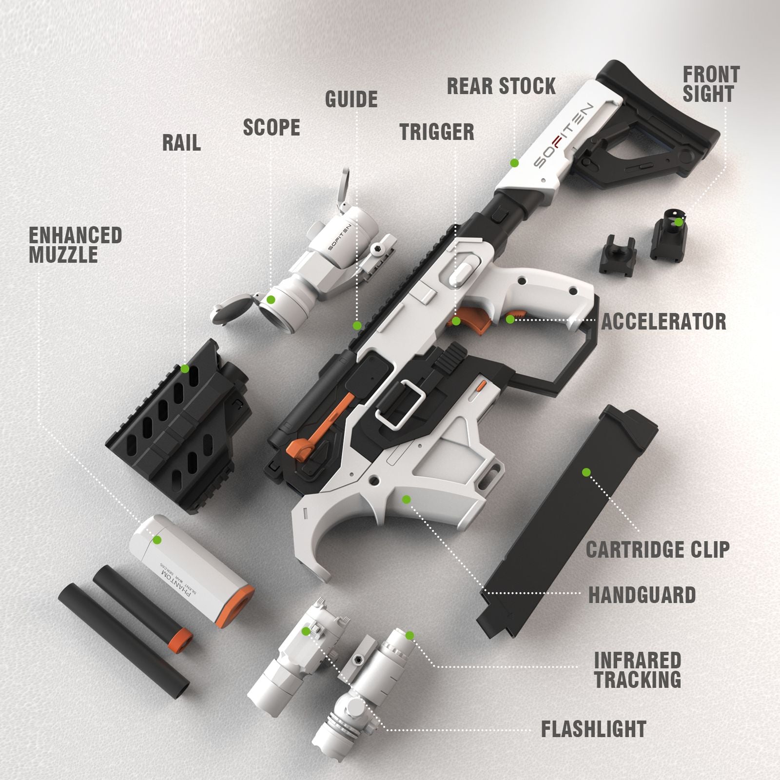 SOFITEN Toy Gun Rifle - 120 Darts, IR and Flashlight